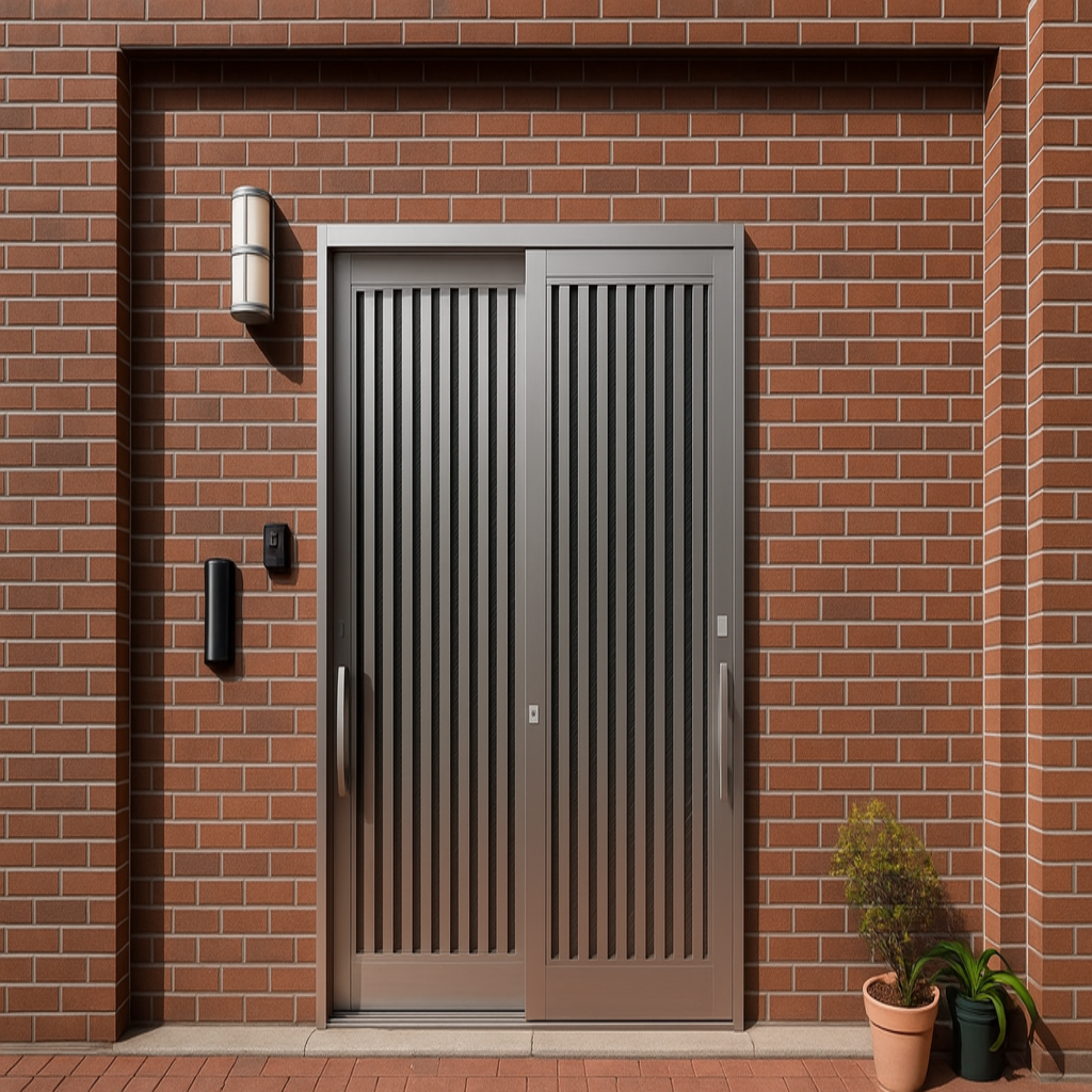 Pintu rumah geser dari stainless steel dengan model garis vertikal elegan